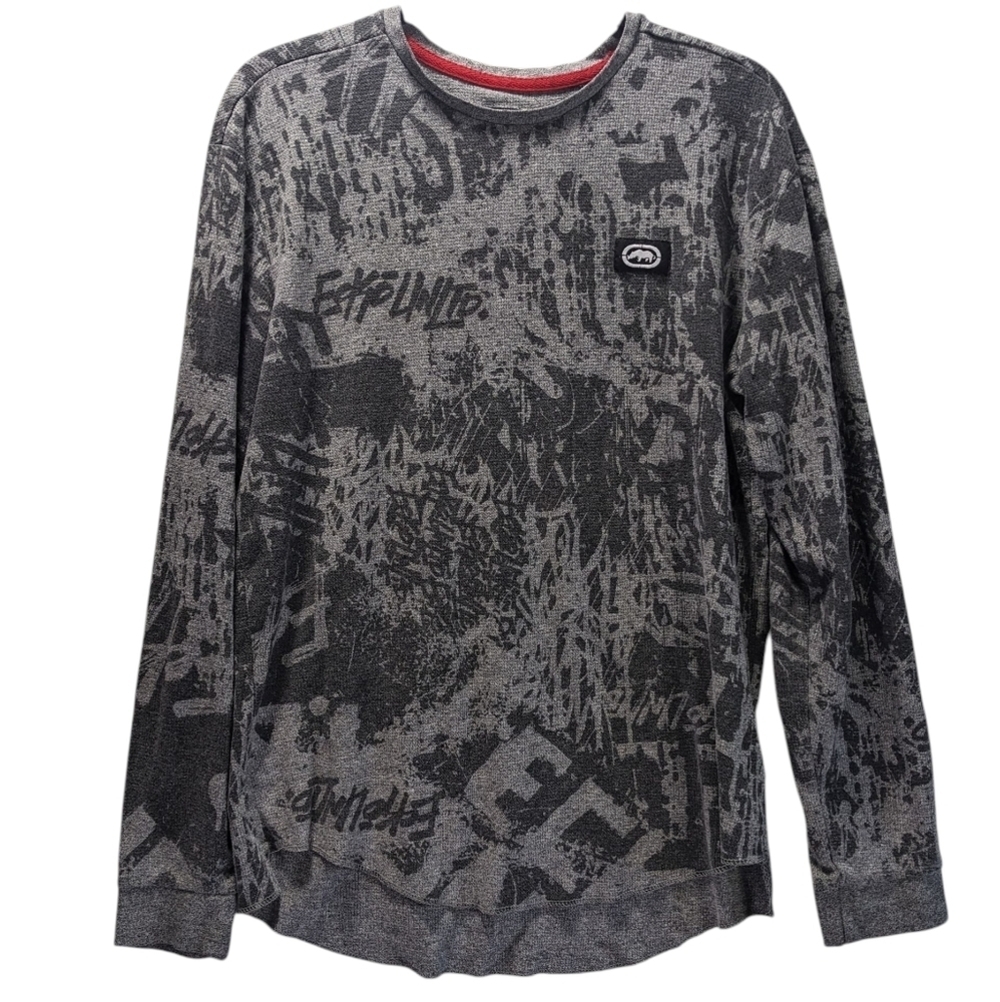 Ecko Unlimited Black and Gray Graphic Sweatshirt Waffle Style Size L